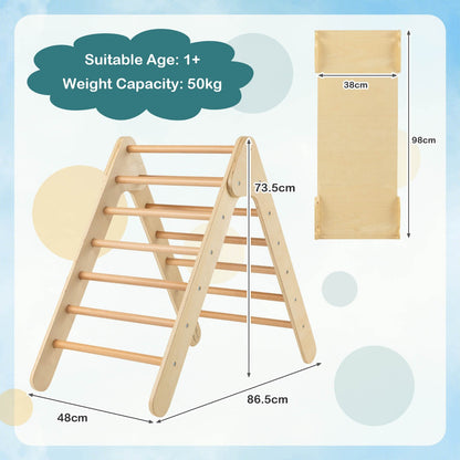 3-in-1 Kid Wooden Climbing Triangle Set Sliding with Reversible Ramp-Natural