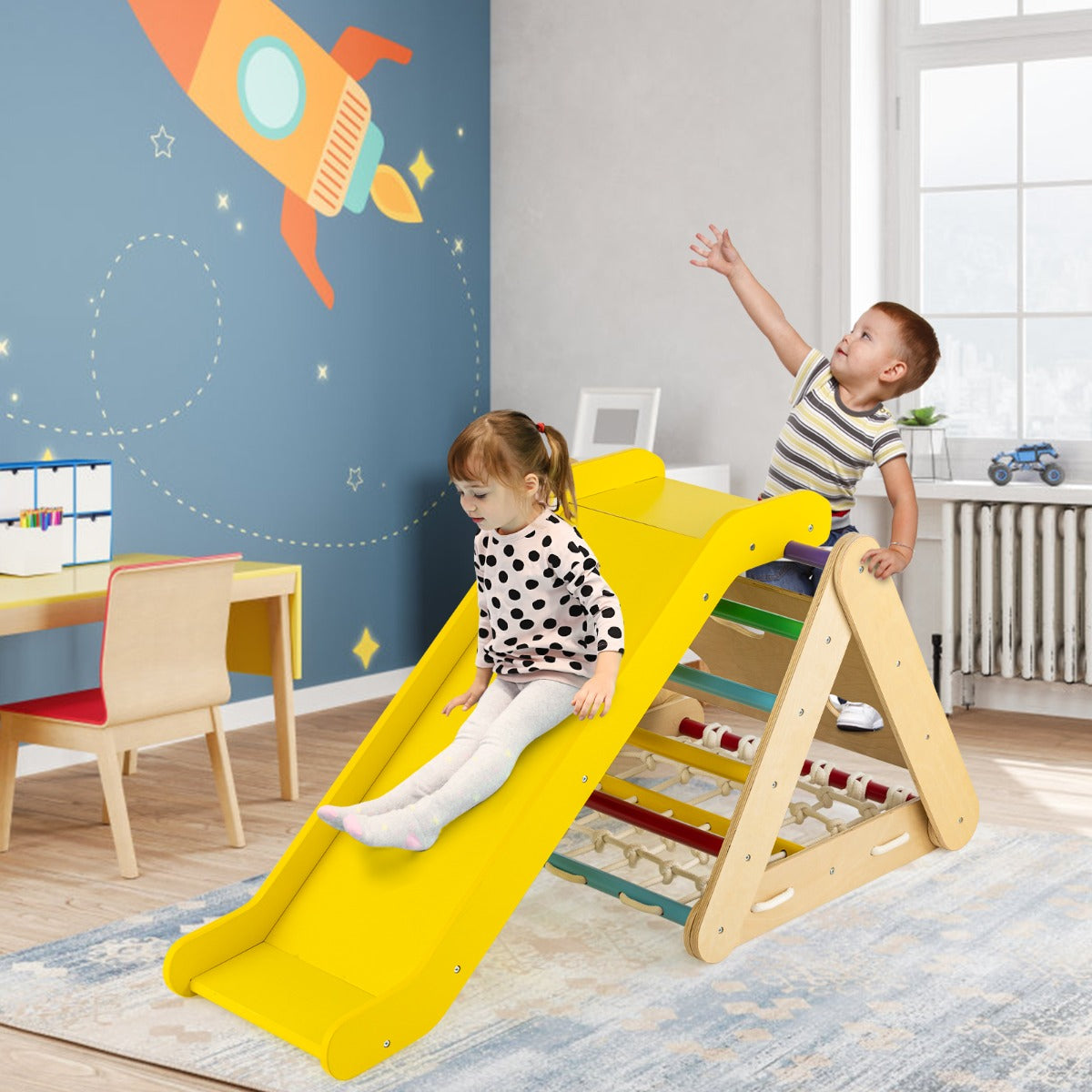 4-in-1 Toddler Climbing Toys with 3-Sided Triangle Climber for Kids-Multicolour