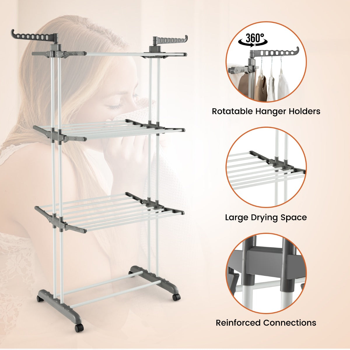 3-tier Clothes Drying Rack with Rotatable Side Wings