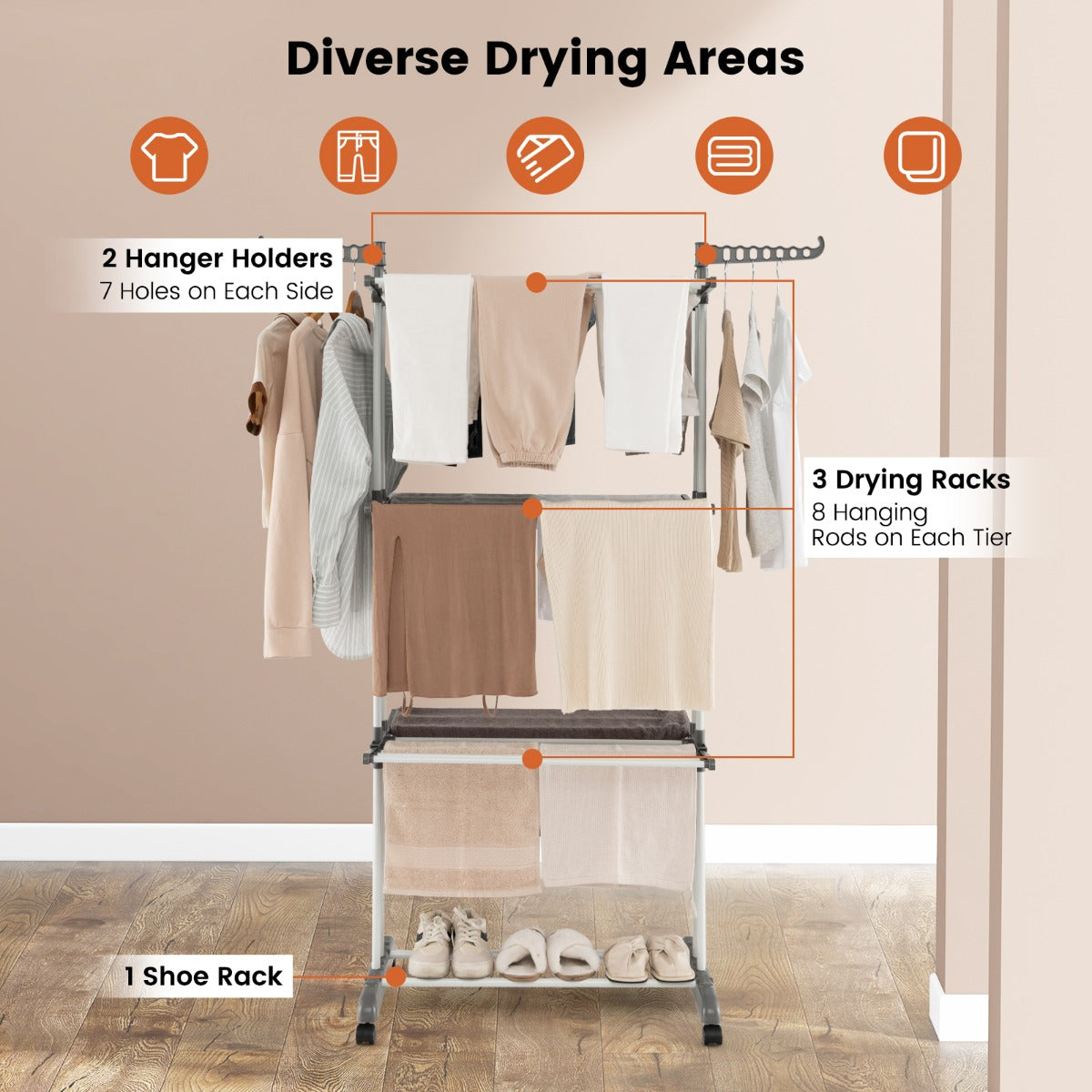 3-tier Clothes Drying Rack with Rotatable Side Wings