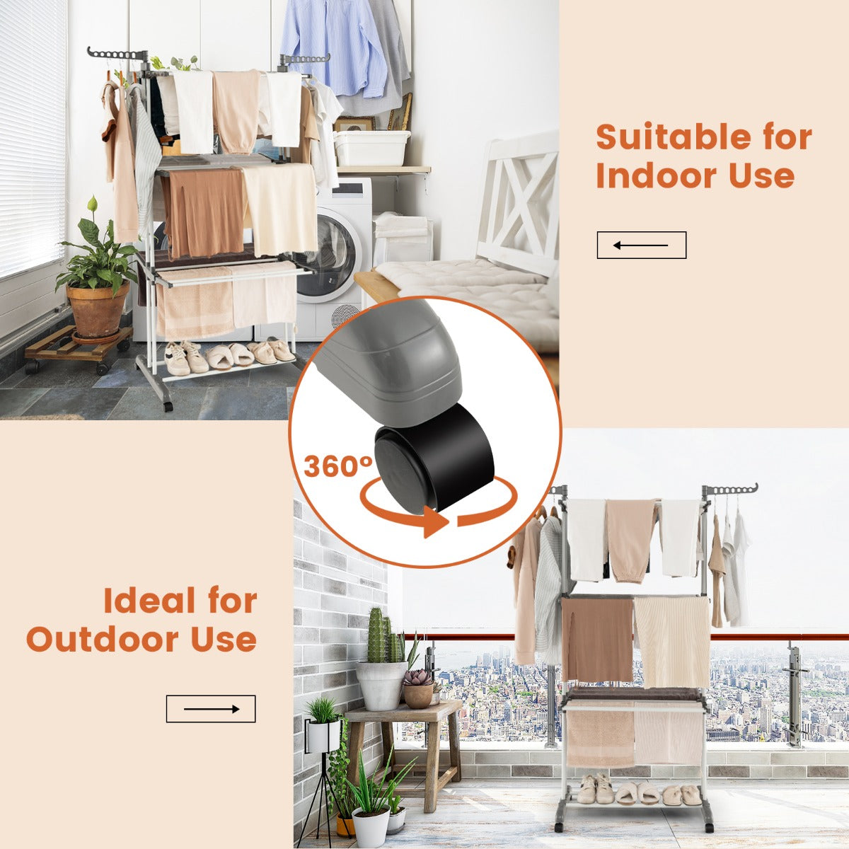 3-tier Clothes Drying Rack with Rotatable Side Wings