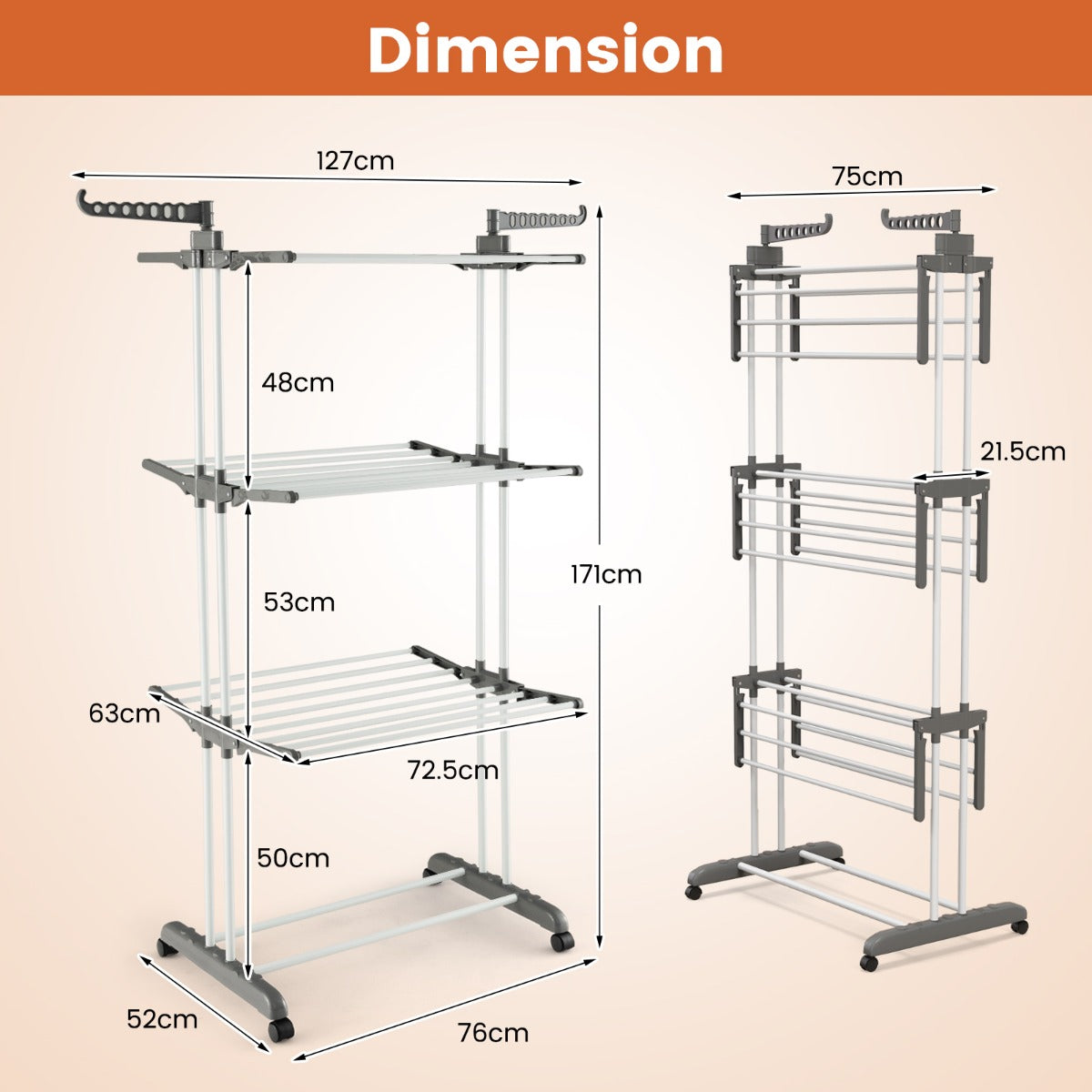 3-tier Clothes Drying Rack with Rotatable Side Wings