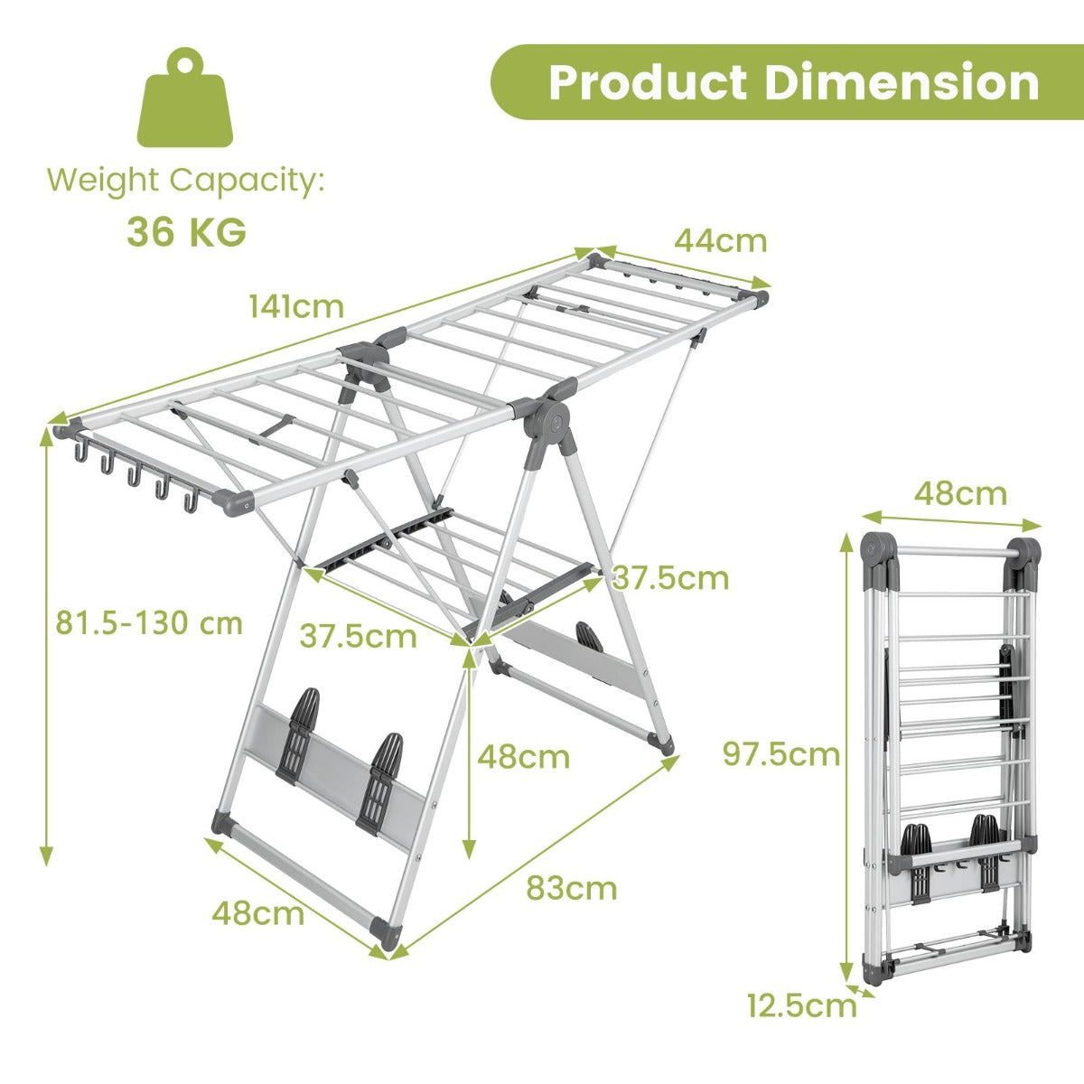 Foldable aluminum clothes drying rack with two tiers, 21 rails, adjustable wings, clips, and shoe holders