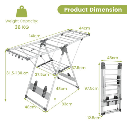 Foldable aluminum clothes drying rack with two tiers, 21 rails, adjustable wings, clips, and shoe holders