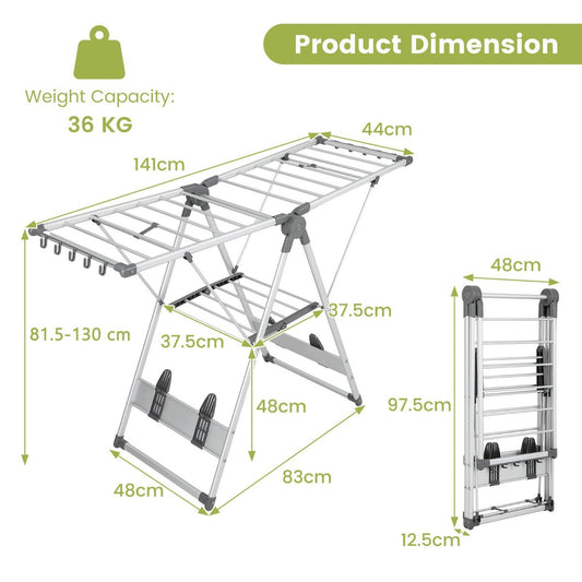 Foldable aluminum clothes drying rack with two tiers, 21 rails, adjustable wings, clips, and shoe holders
