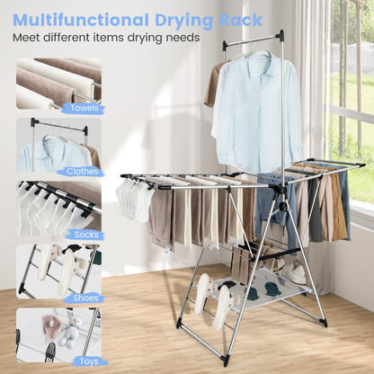 Foldable laundry rack stores compactly and moves easily between balconies, patios, and laundry rooms