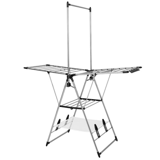 Three-tier stainless steel drying rack provides spacious storage for clothing, towels, toys, and laundry