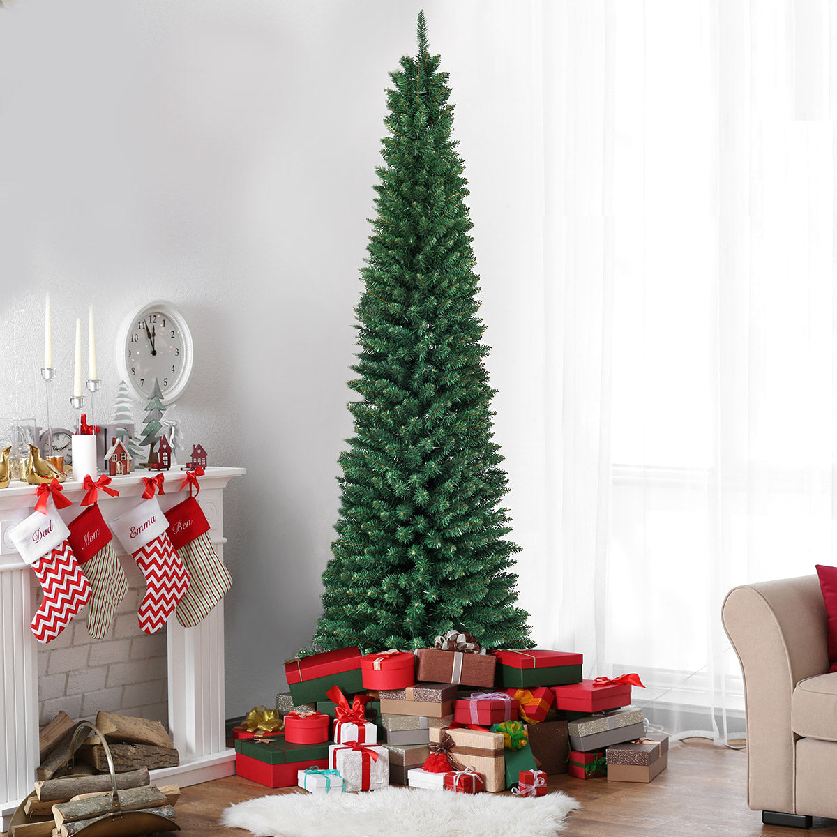 2.1M Slim Pencil Christmas Tree with Branch Tips for Indoor Decoration