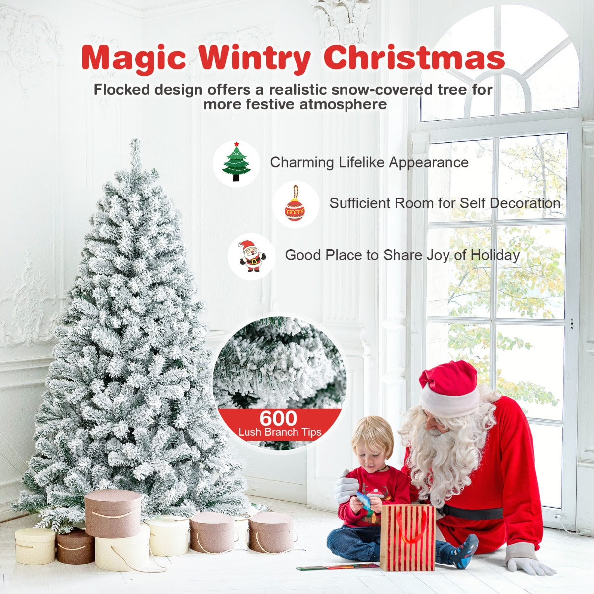 1.8M Snow-Flocked Artificial Christmas Tree with 600 Tips and Metal Stand