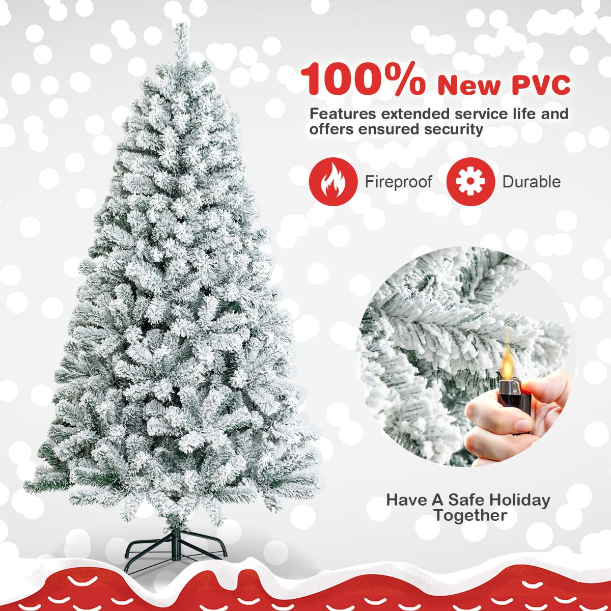 1.8M Snow-Flocked Artificial Christmas Tree with 600 Tips and Metal Stand