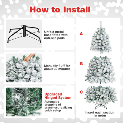 1.8M Snow-Flocked Artificial Christmas Tree with 600 Tips and Metal Stand