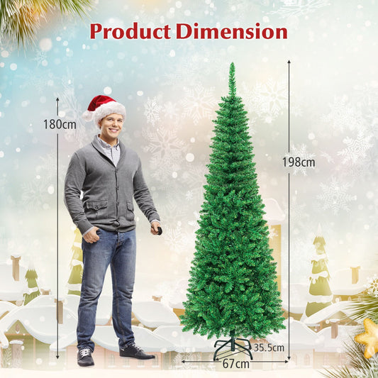 1.98m Pre-Lit Pencil Christmas Tree with LED Lights for Home & Commercial Use