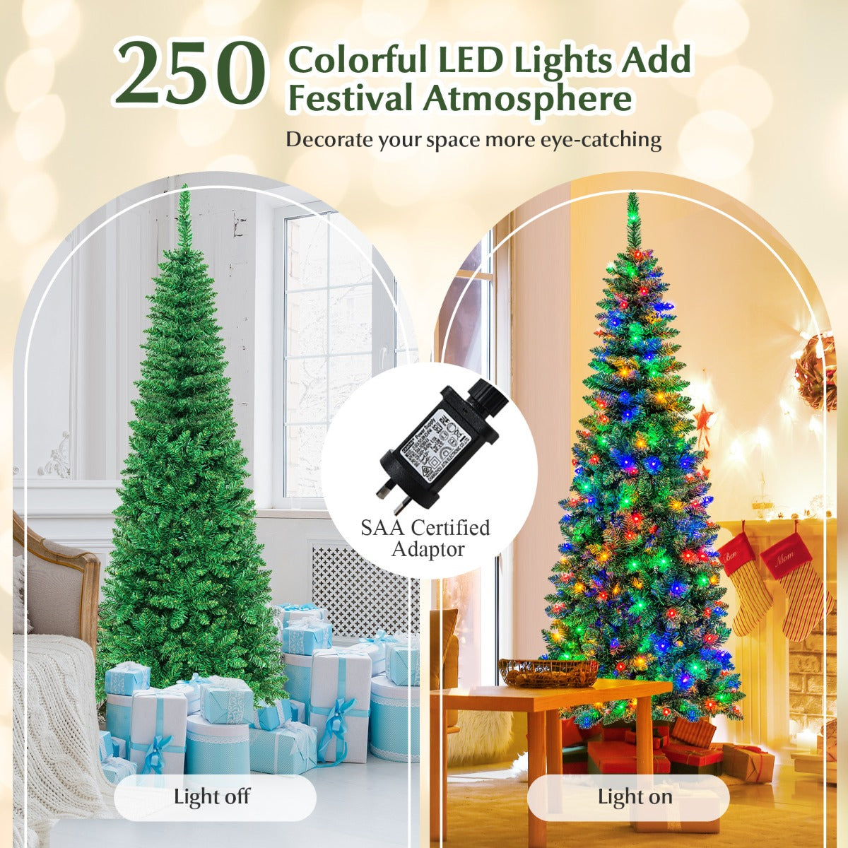 1.98m Pre-Lit Pencil Christmas Tree with LED Lights for Home & Commercial Use