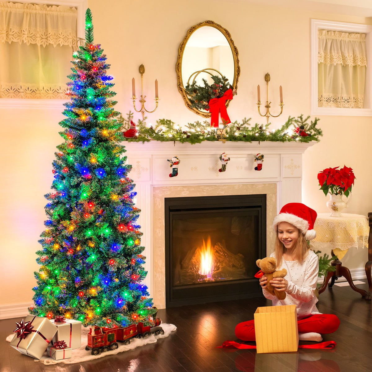 1.98m Pre-Lit Pencil Christmas Tree with LED Lights for Home & Commercial Use