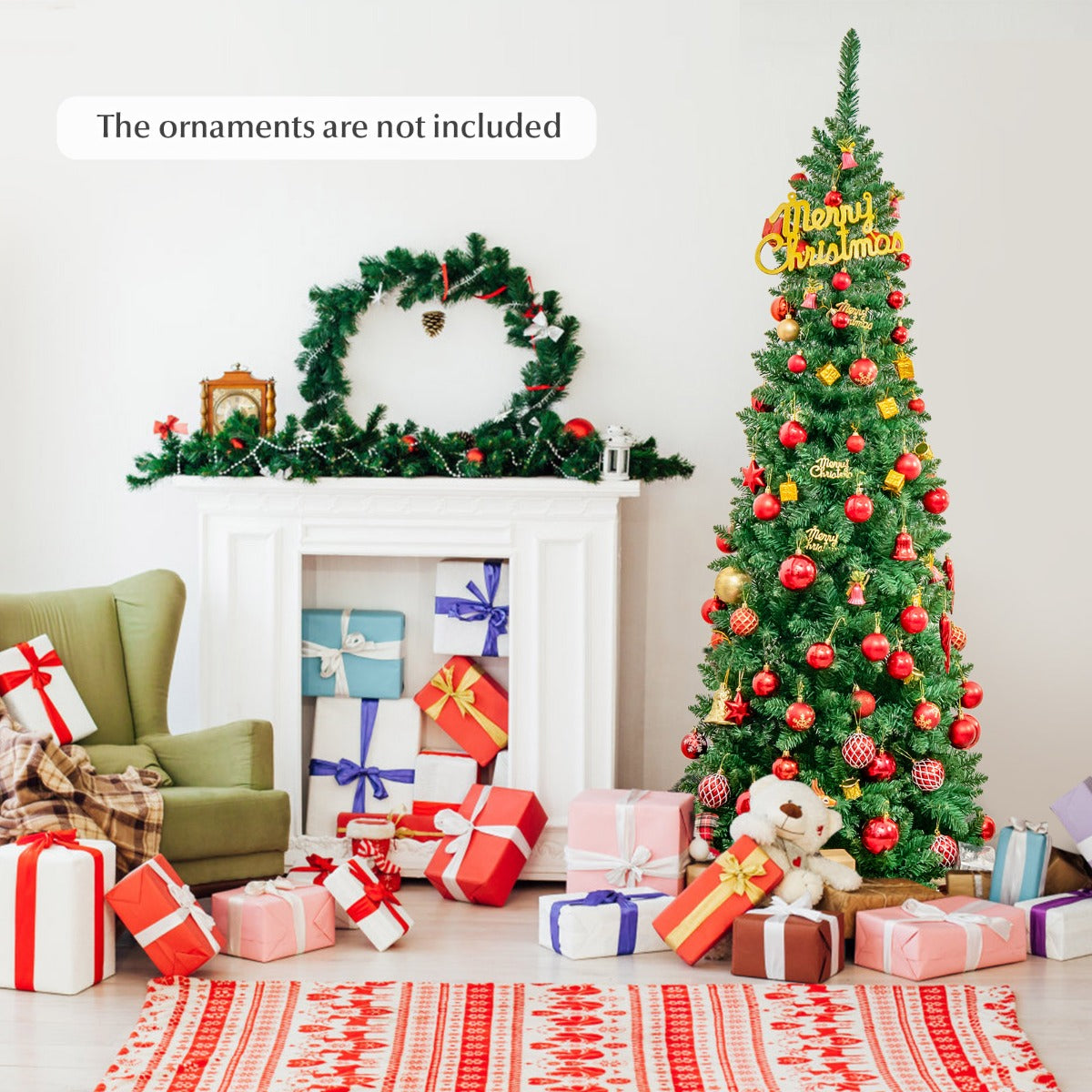 Costway 1.98 M Artificial Pencil Christmas Tree with LED Lights for Home & Shop
