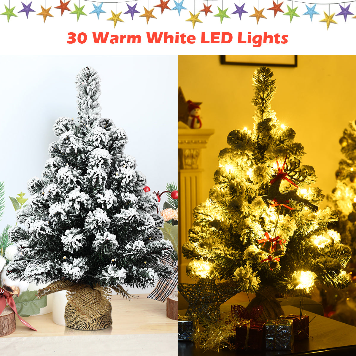 Costway 67cm Pre-Lit Snow Flocked Tabletop Christmas Tree for Decoration