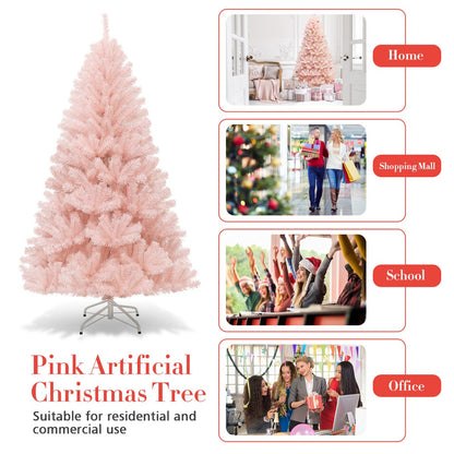 1.8M Pink Artificial Christmas Tree with Metal Stand and Hinged Design