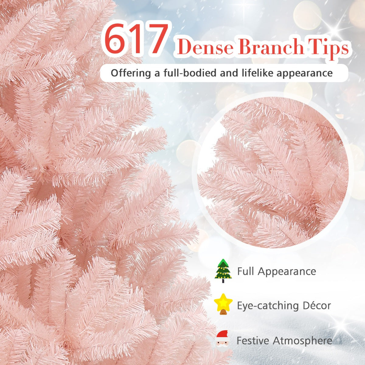 1.8M Pink Artificial Christmas Tree with Metal Stand and Hinged Design