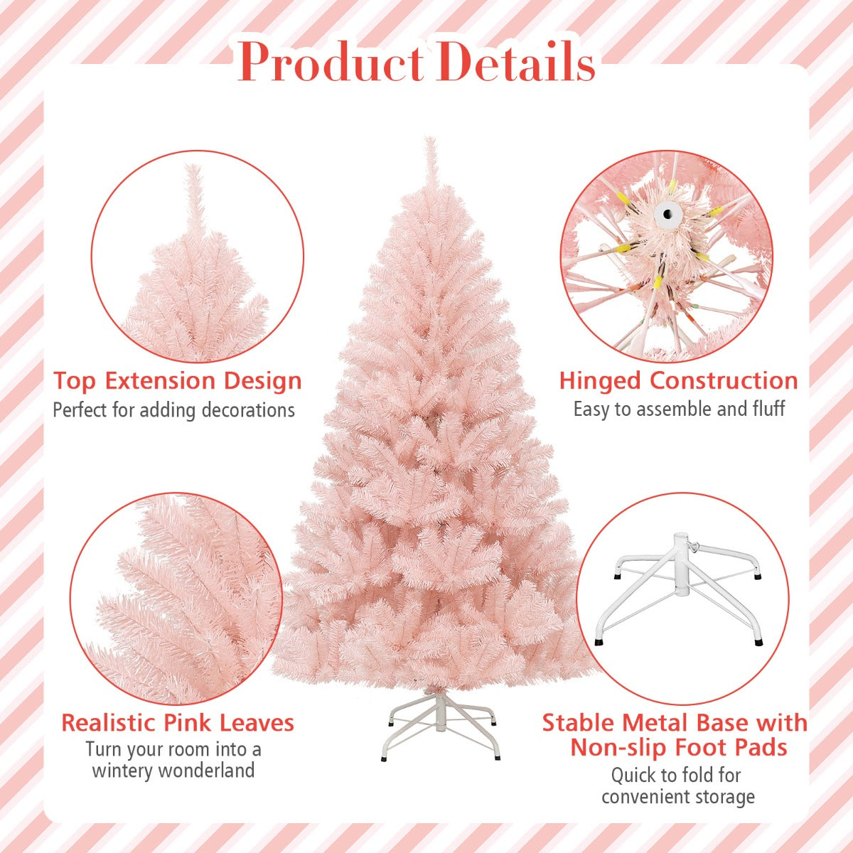 1.8M Pink Artificial Christmas Tree with Metal Stand and Hinged Design