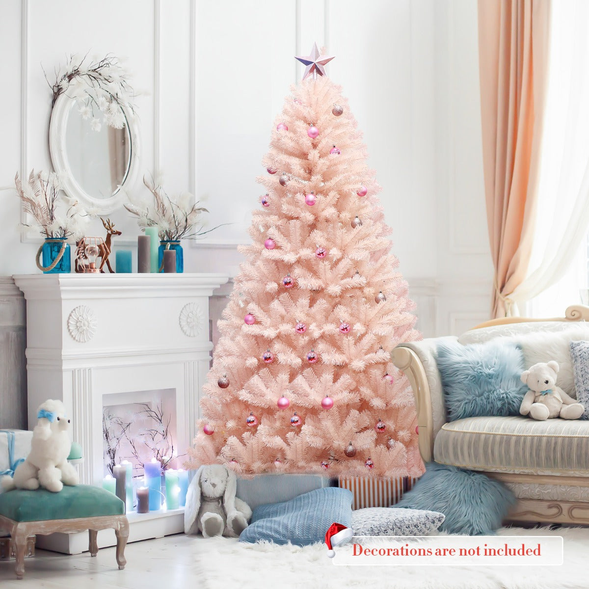 1.8M Pink Artificial Christmas Tree with Metal Stand and Hinged Design