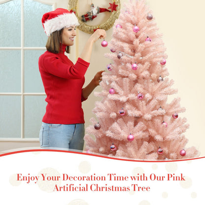 1.8M Pink Artificial Christmas Tree with Metal Stand and Hinged Design