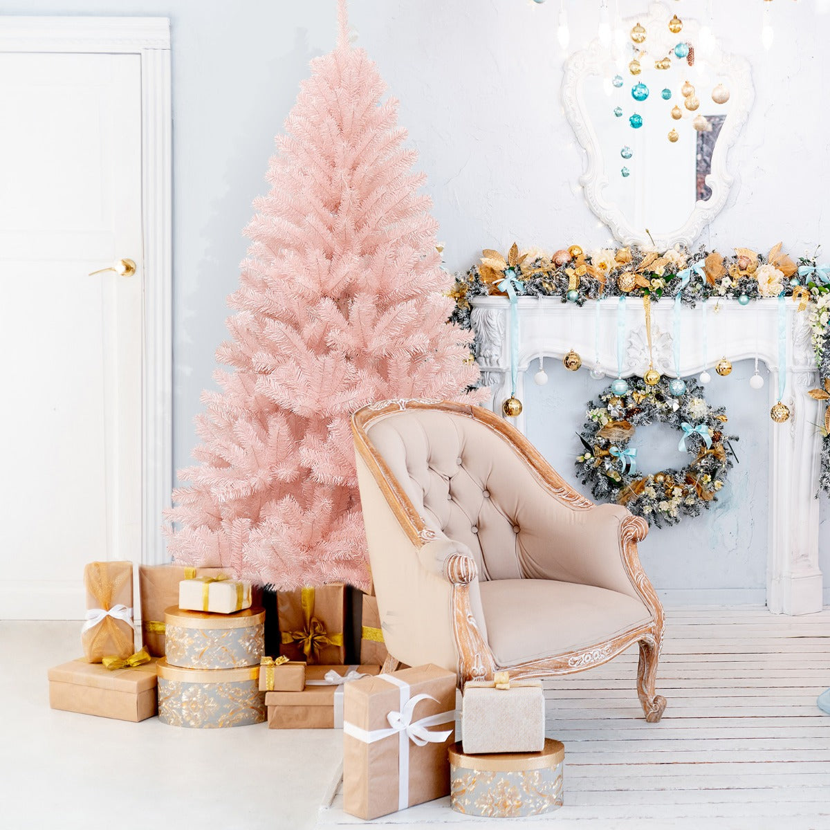 1.8M Pink Artificial Christmas Tree with Metal Stand and Hinged Design