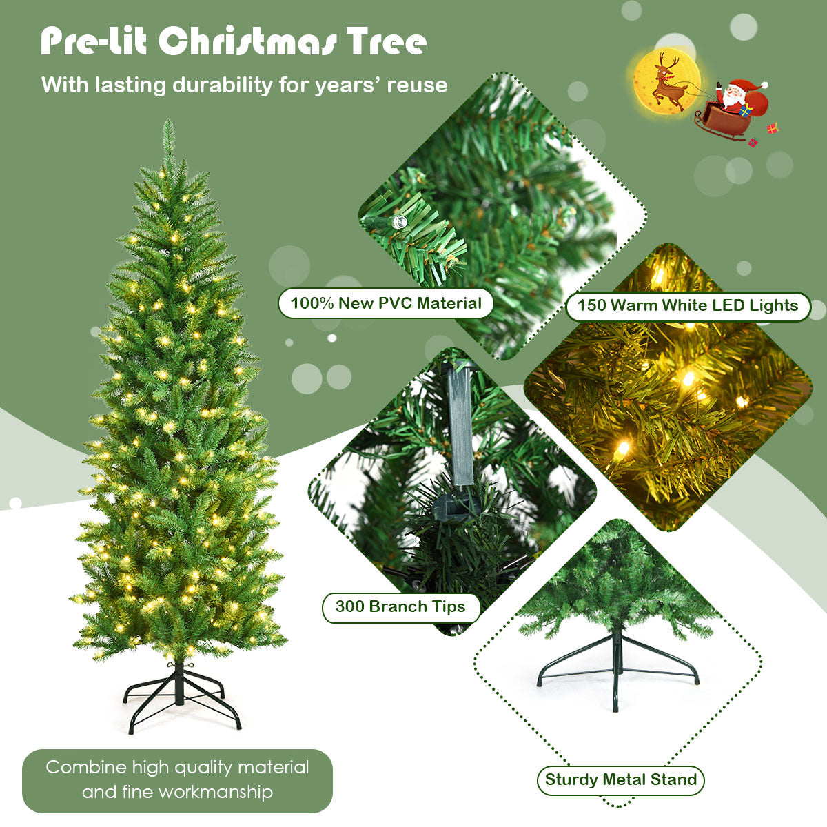 1.5m Slim Pencil Christmas Tree with Warm White Lights and Metal Stand
