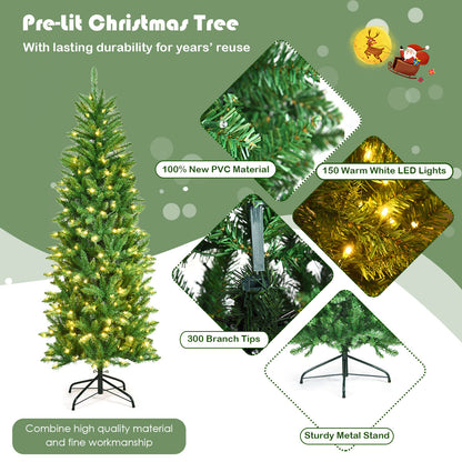 1.5m Slim Pencil Christmas Tree with Warm White Lights and Metal Stand