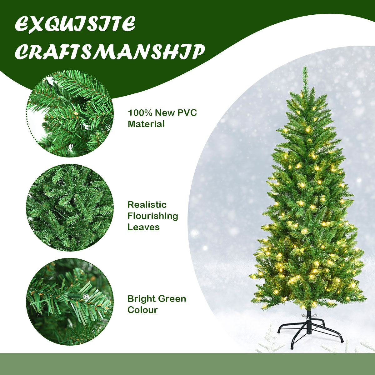 1.5m Slim Pencil Christmas Tree with Warm White Lights and Metal Stand