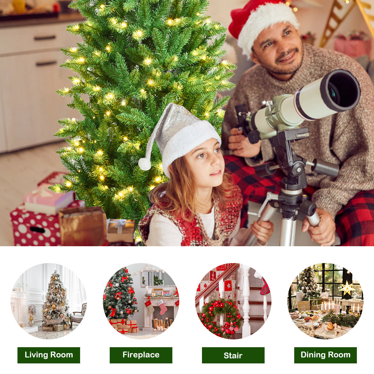 1.5m Slim Pencil Christmas Tree with Warm White Lights and Metal Stand