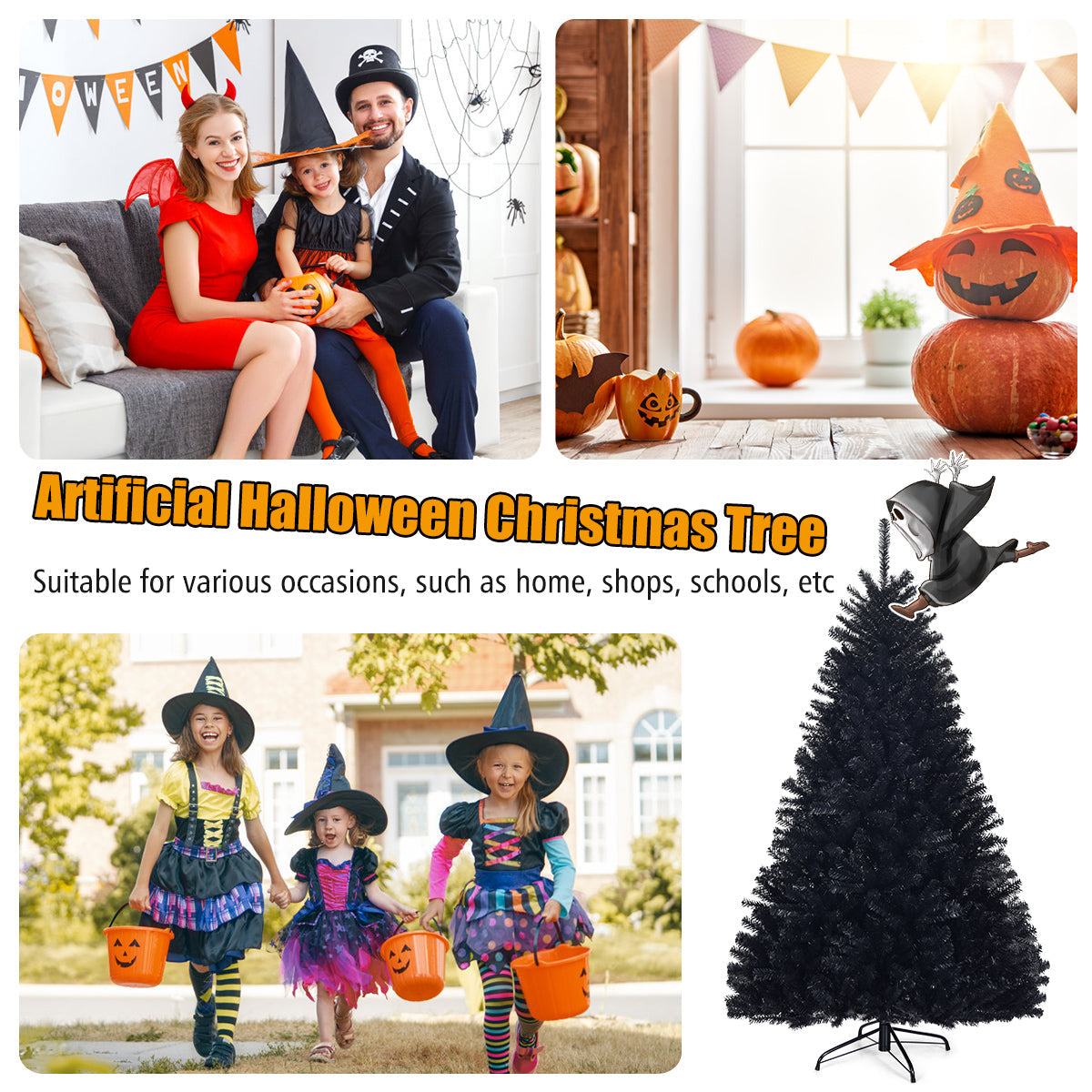 1.8M Black Artificial Halloween Tree with Metal Stand for Indoor/Outdoor Use