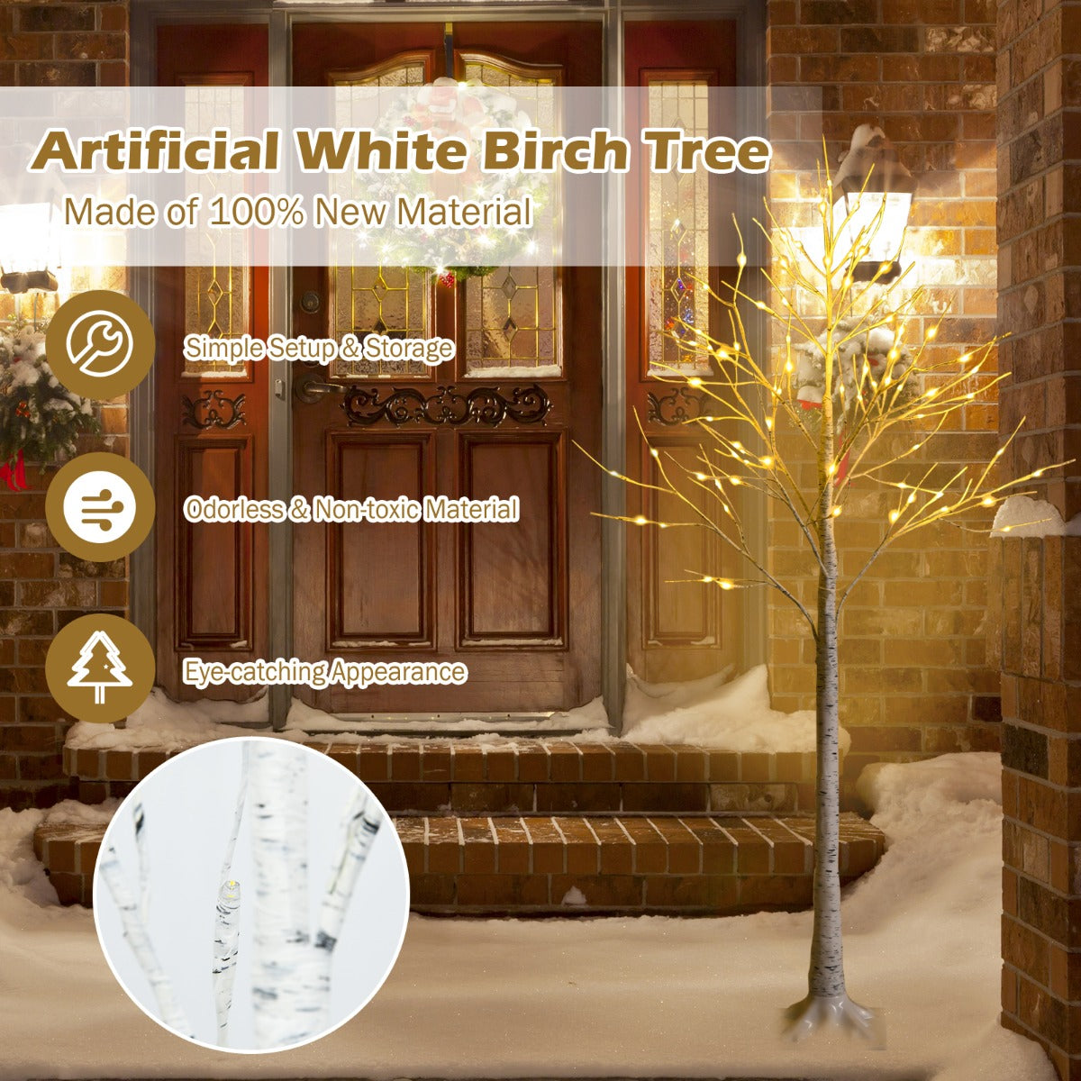1.5m Artificial Birch Tree with 72 LED Lights – Festive Indoor Decoration