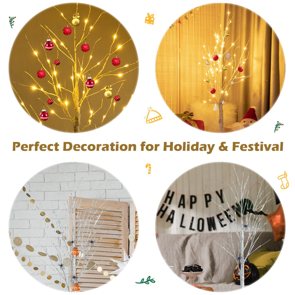 1.5m Artificial Birch Tree with 72 LED Lights – Festive Indoor Decoration
