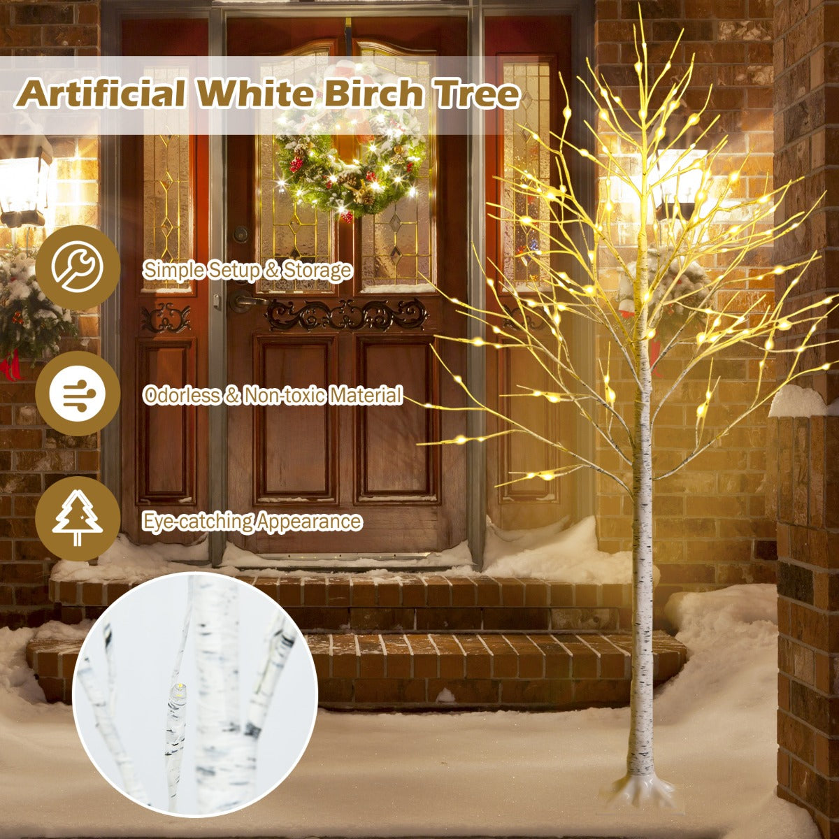 1.8m Artificial Birch Tree with 96 LED Lights for Festive Home Decor