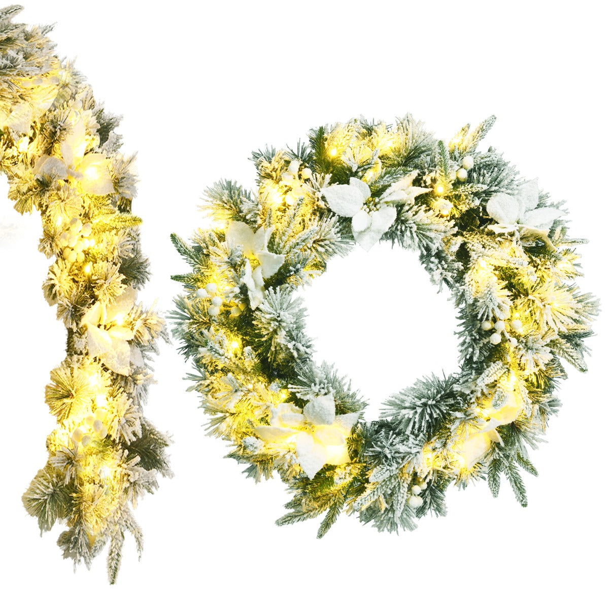 Costway 2.8 M Pre-Lit Flocked Christmas Garland & 60 cm Christmas Wreath