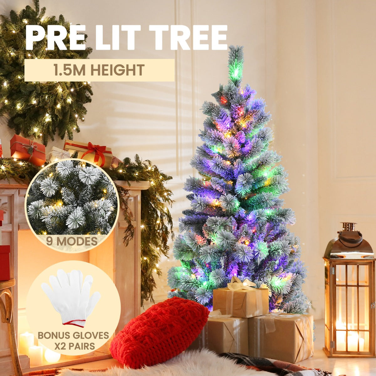 1.5M Pre-lit Snow Flocked Christmas Tree with 9 Lighting Modes & Remote Control
