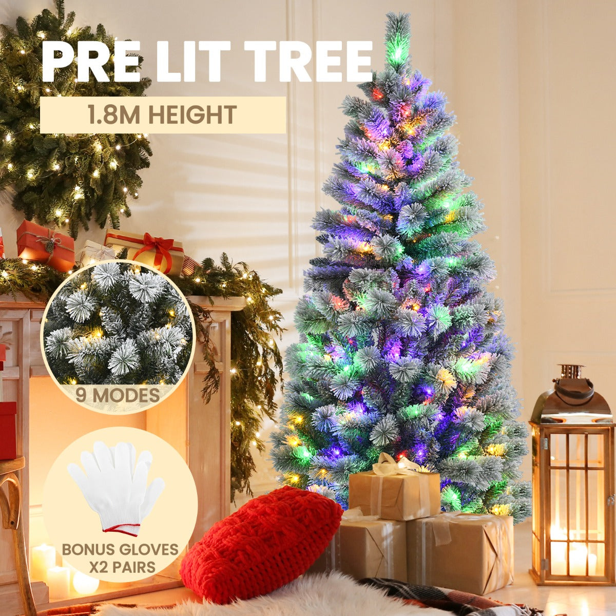 1.8M Pre-lit Snow Flocked Christmas Tree with Remote and Colorful LED Lights