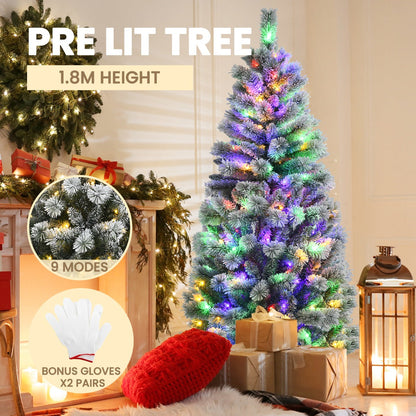1.8M Pre-lit Snow Flocked Christmas Tree with Remote and Colorful LED Lights