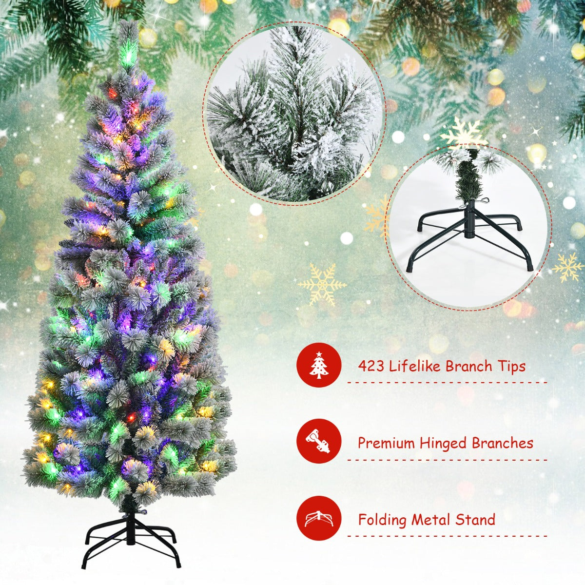 1.8M Pre-lit Snow Flocked Christmas Tree with Remote and Colorful LED Lights