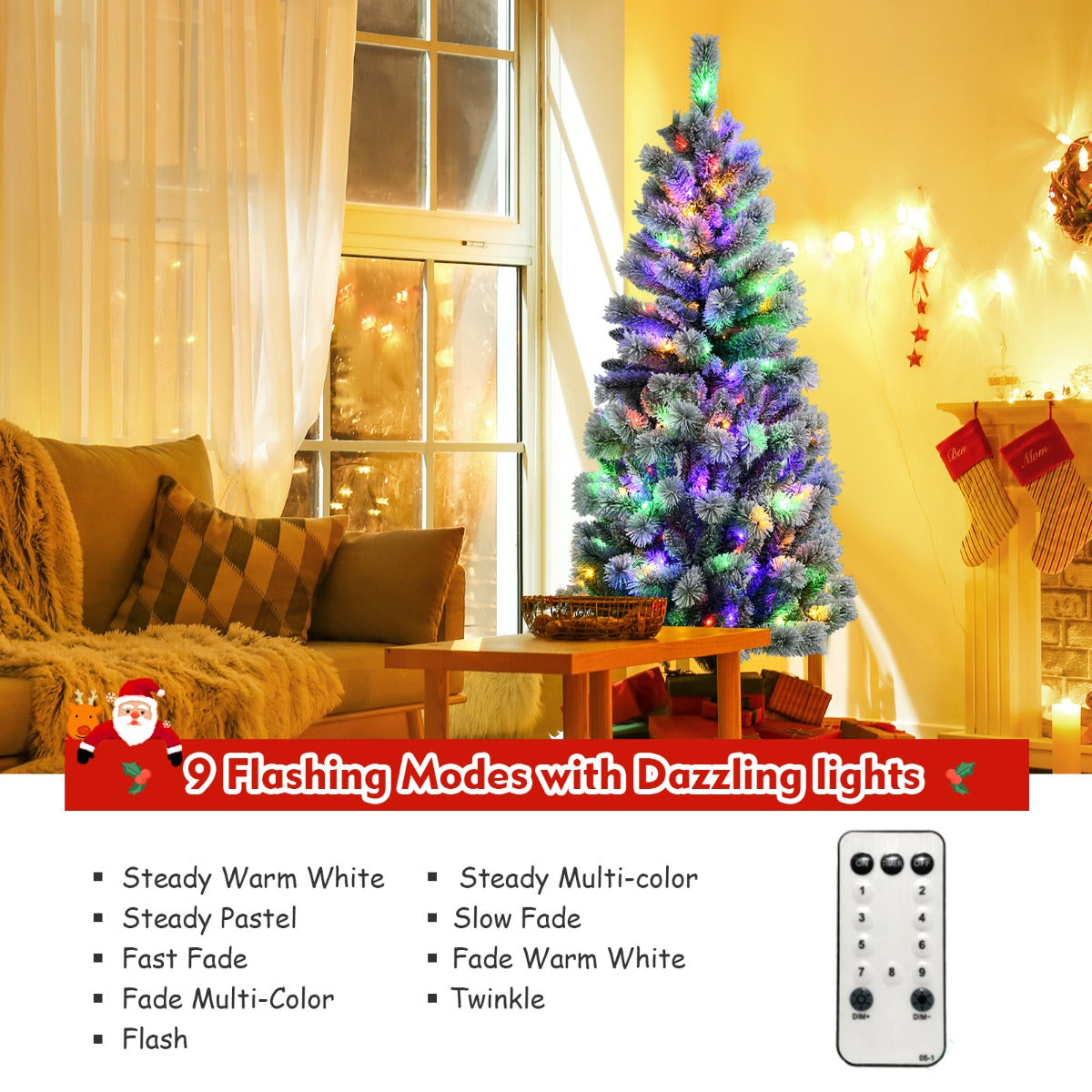 1.8M Pre-lit Snow Flocked Christmas Tree with Remote and Colorful LED Lights