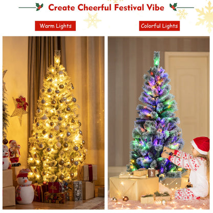 1.8M Pre-lit Snow Flocked Christmas Tree with Remote and Colorful LED Lights