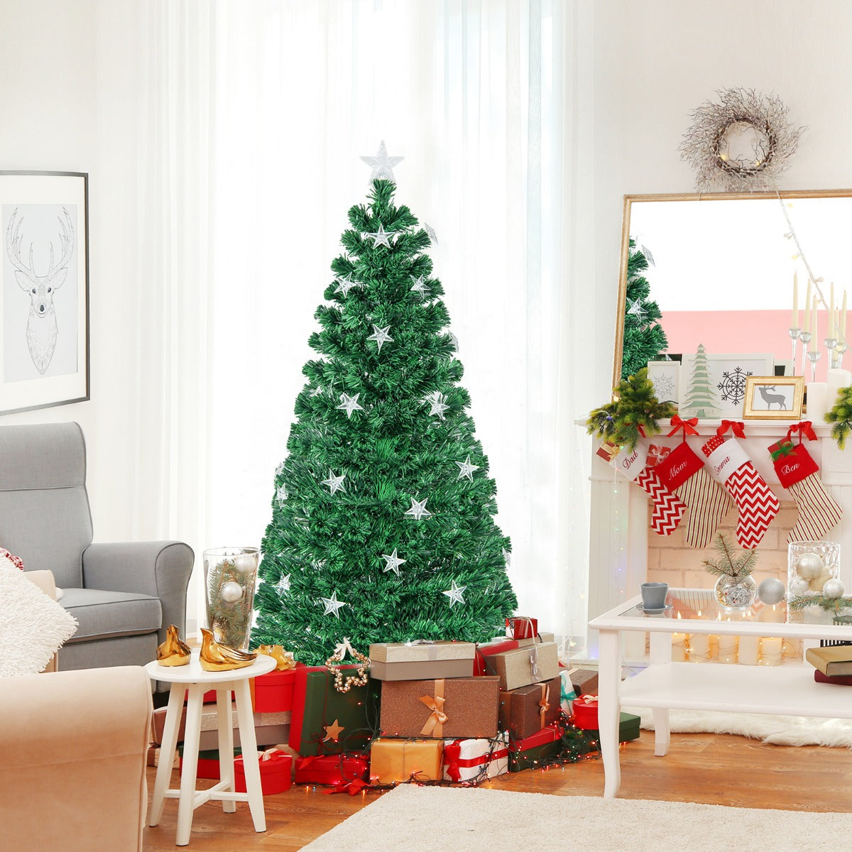 Costway 150CM/180CM Pre-Lit Christmas Tree with 8 Lighting Modes-1.5M