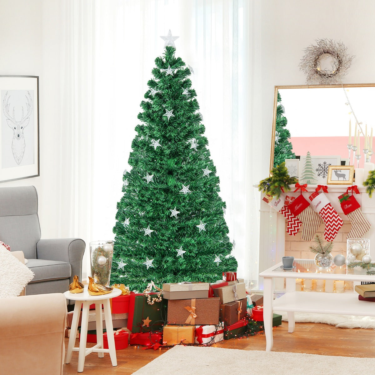 Costway 150CM/180CM Pre-Lit Christmas Tree with 8 Lighting Modes-1.8M