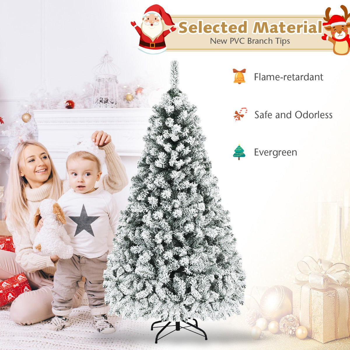 1.8 M Artificial Christmas Tree with Metal Stand and 61CM Flocked Christmas Wreath for Festivals