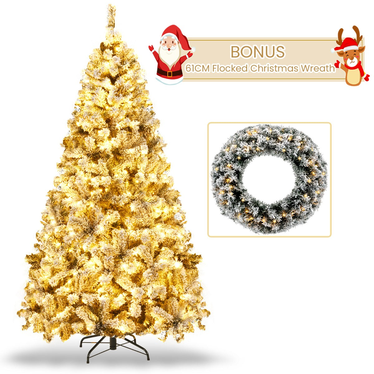 1.8 M Artificial Christmas Tree with Metal Stand and 61CM Flocked Christmas Wreath for Festivals