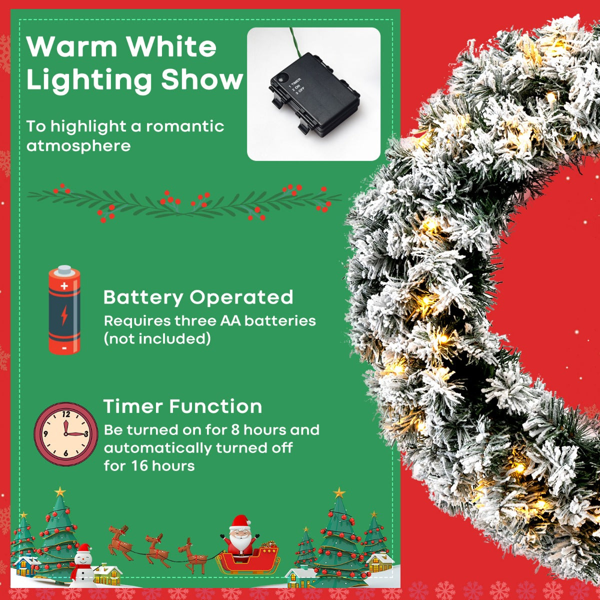 1.8 M Artificial Christmas Tree with Metal Stand and 61CM Flocked Christmas Wreath for Festivals