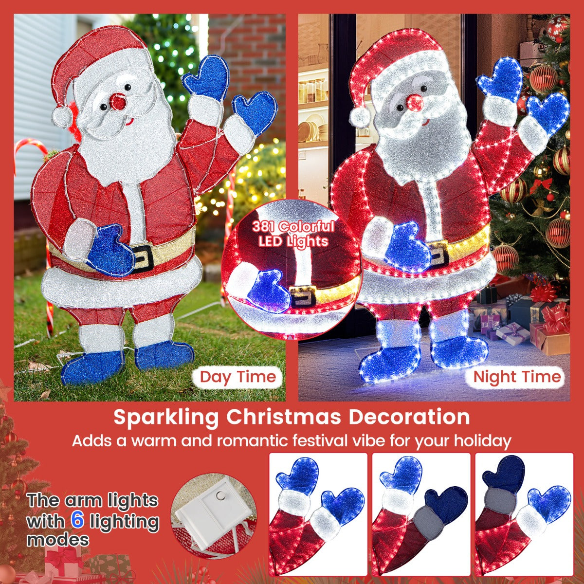 Lighted Santa Claus Christmas with  6 Lighting Modes for Decoration