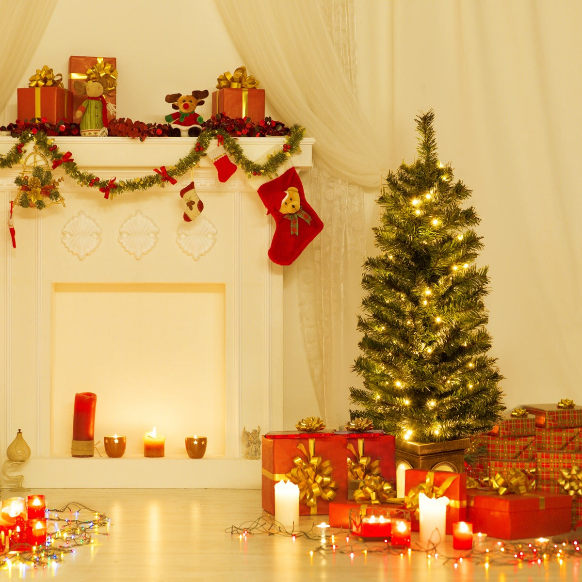 125CM Pre-Lit Potted Christmas Tree with 100 LED Lights-2 pieces