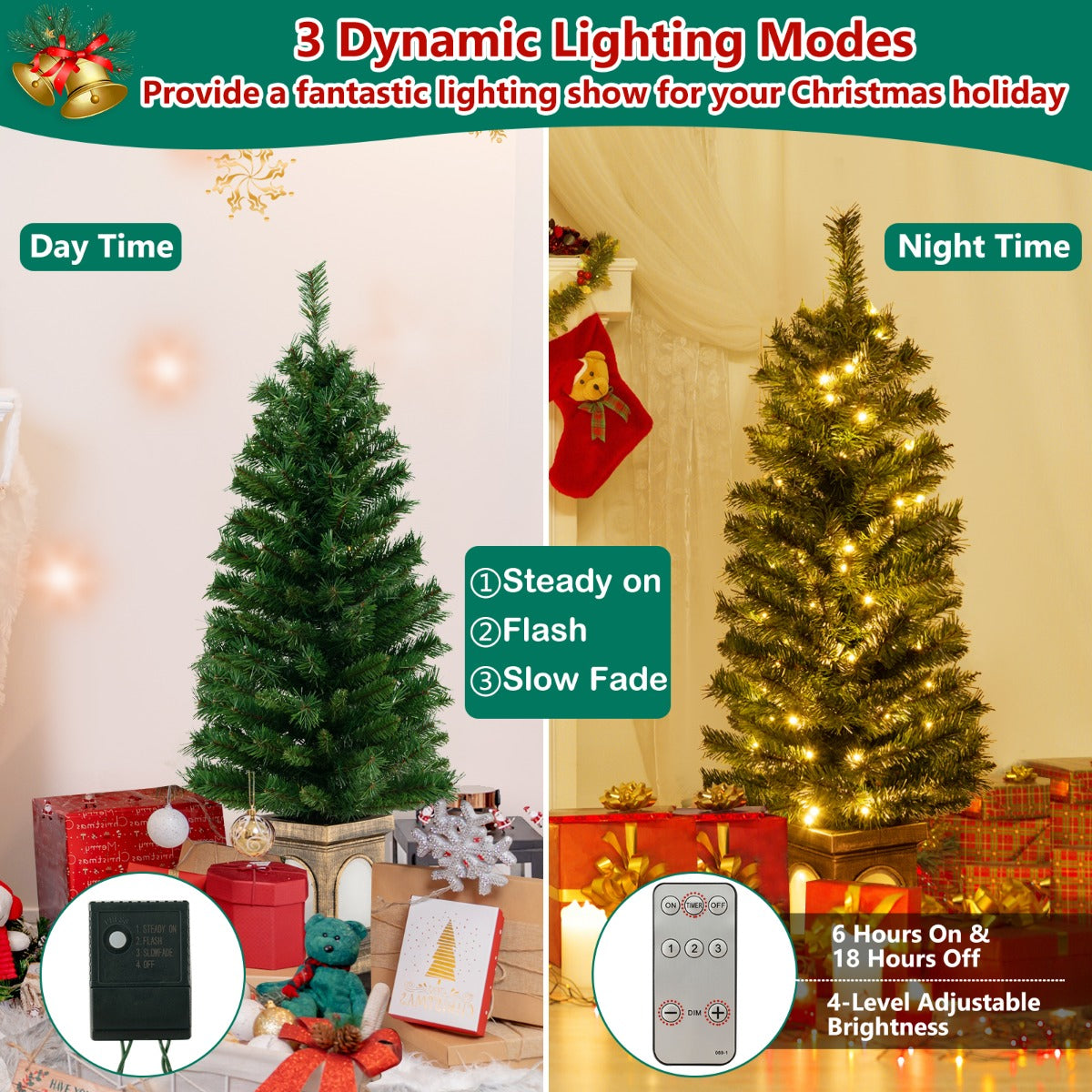 125CM Pre-Lit Potted Christmas Tree with 100 LED Lights-1 piece