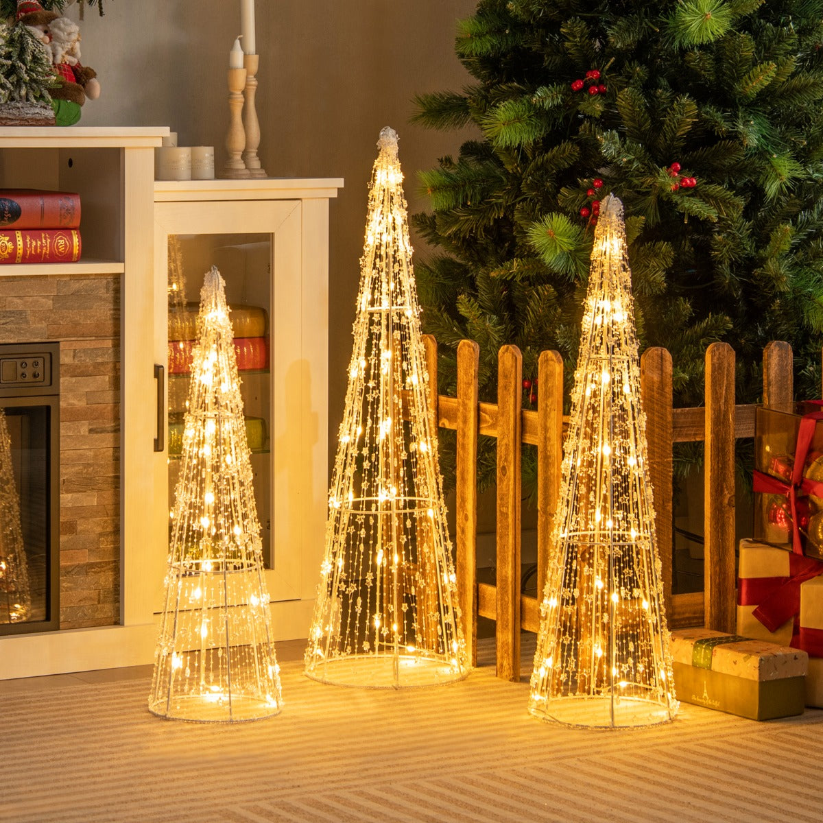 Costway Xmas Decorative Conic Tree Set with 90 Warm White LED Lights